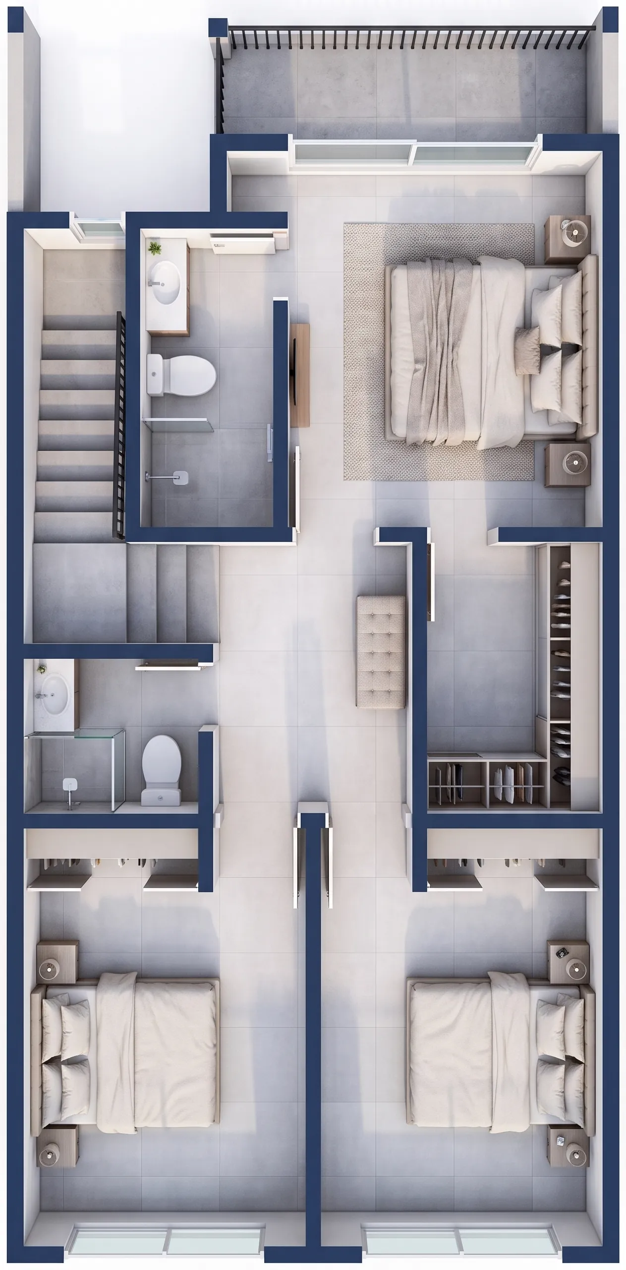 Plano 3D de la planta alta: balcón, suite con vestidor y baño, hall, baño y dos dormitorios